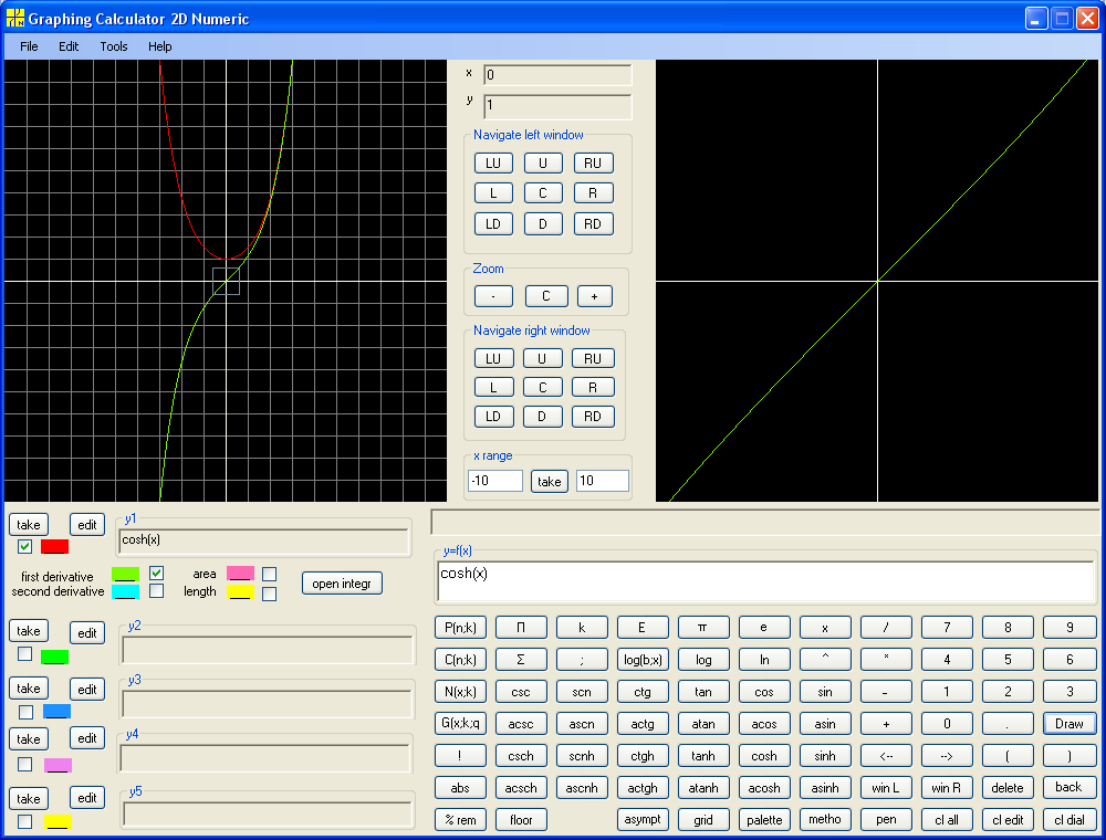 y = cosh(x) with first derivative