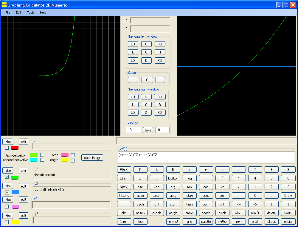 e^x = sinh(x) + cosh(x) and cosh(x)^2 - sinh(x)^2 = 1