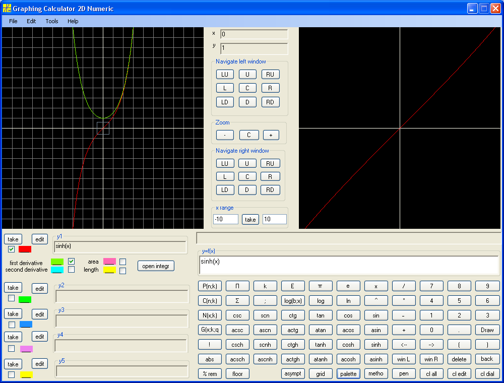 y = sinh(x) with first derivative