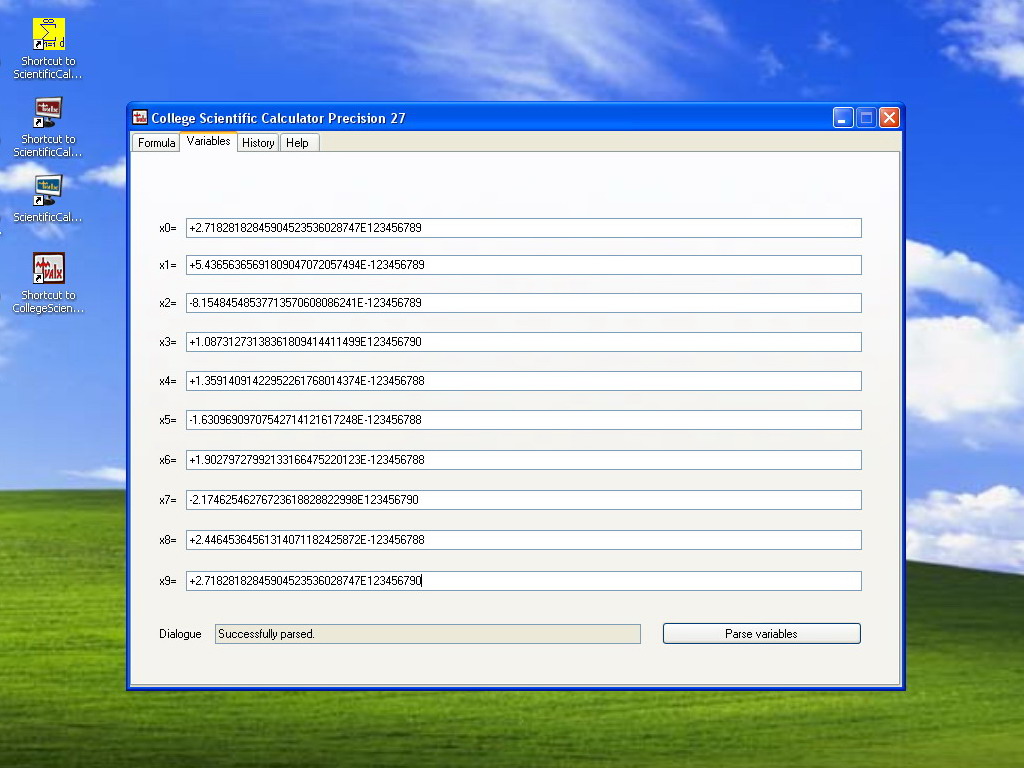 College Scientific Calculator variables page