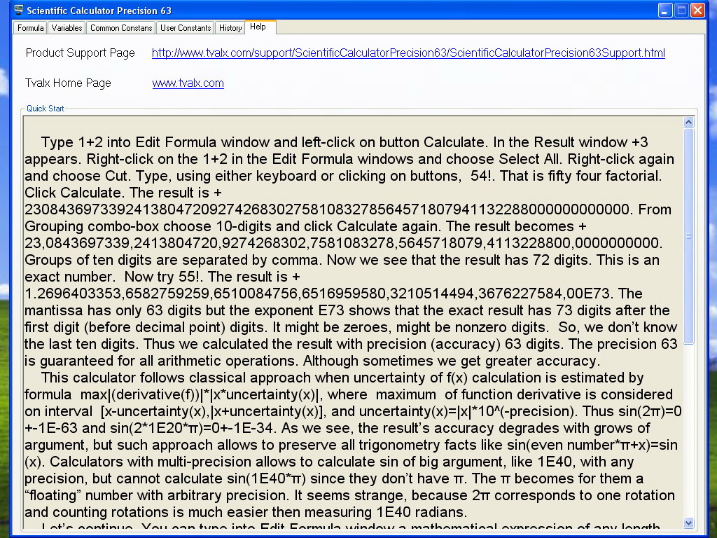 Scientific CalculatorPrecision 63 Help tab