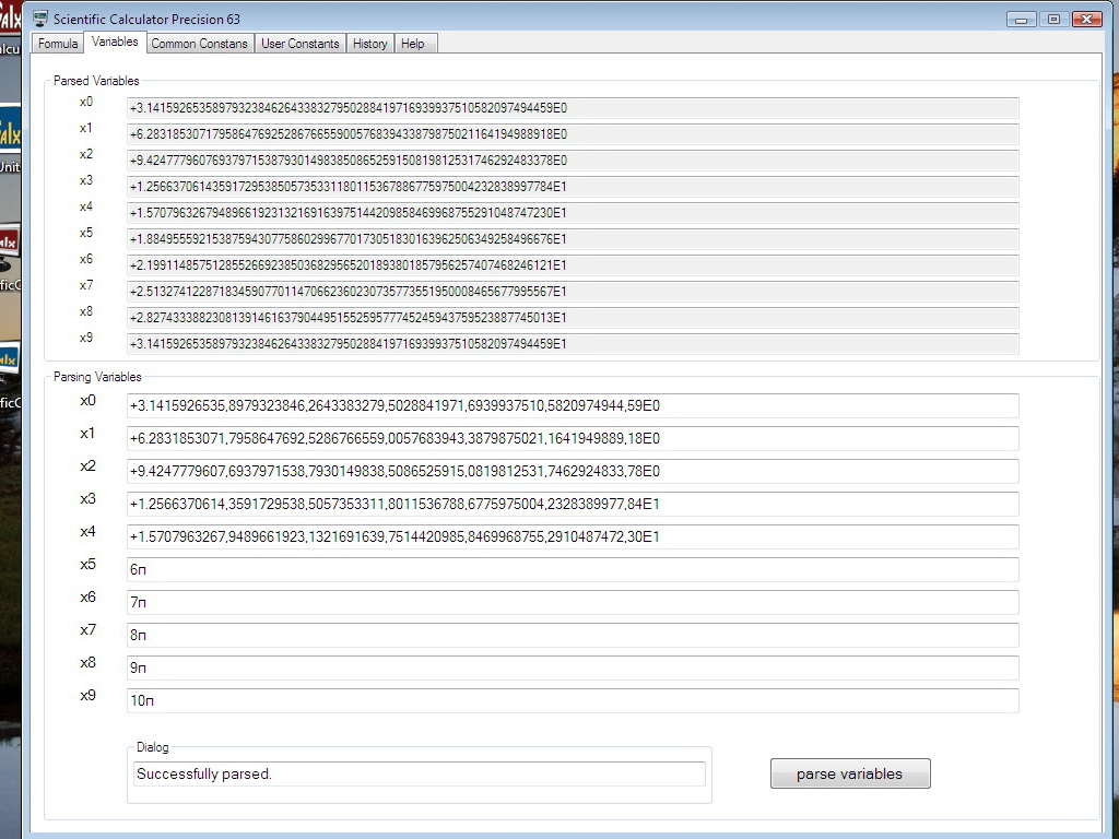 Scientific Calculator Precision 63 Variables tab